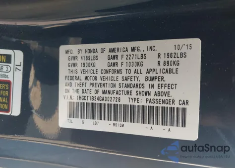 2016 Honda Accord Lx-S from USA, damaged, VIN 1HGCT1B34GA002728